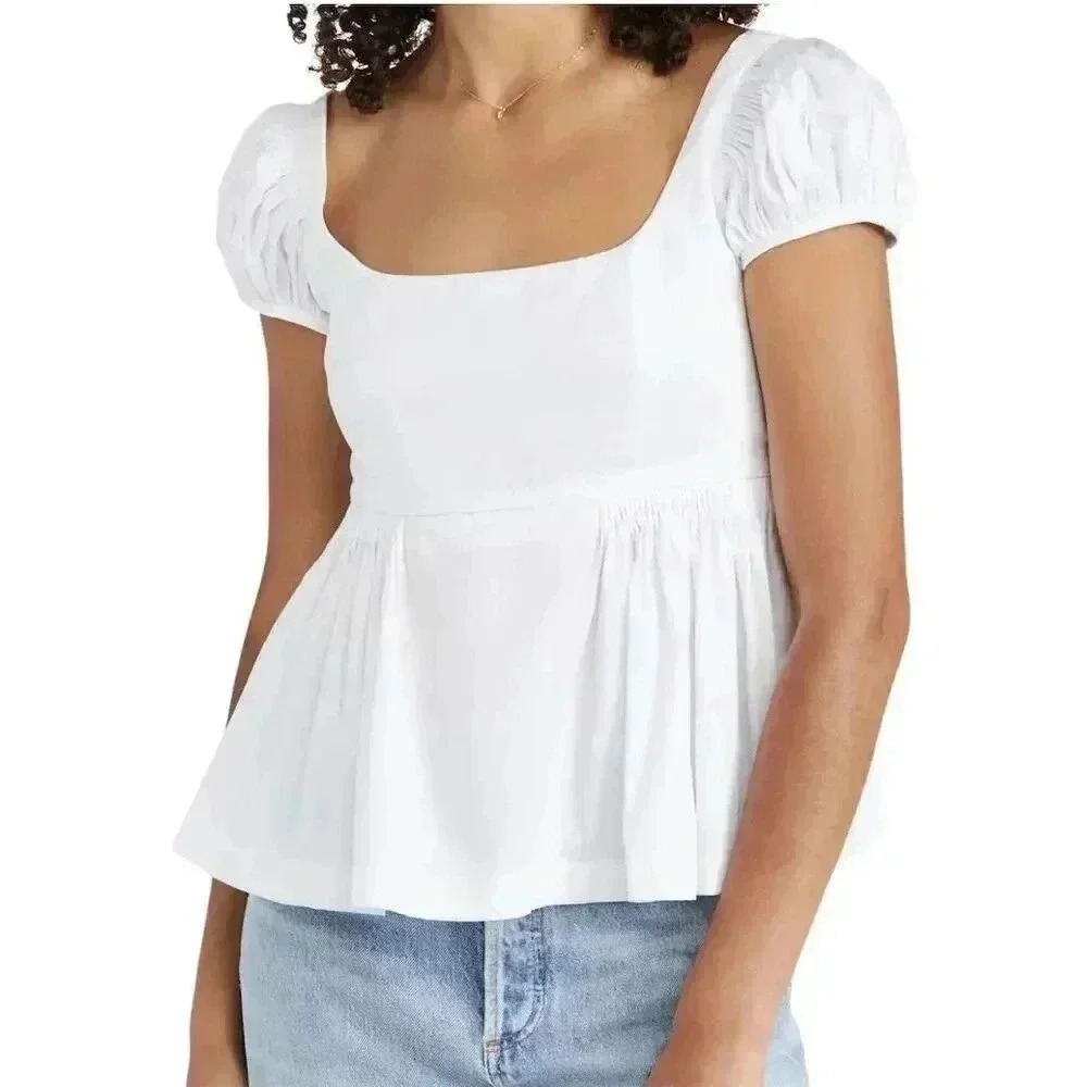 Rebecca Taylor Women's White Puff-Sleeve Blouse Size 8 Casual Classic Cotton - Picture 9 of 15